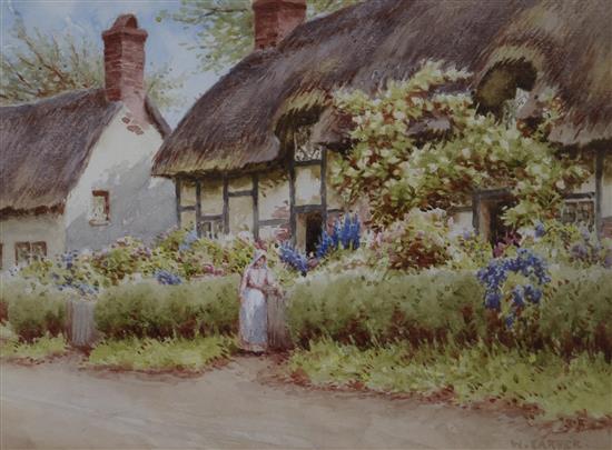 W. Carter, watercolour, woman beside a thatched cottage, 16 x 22cm